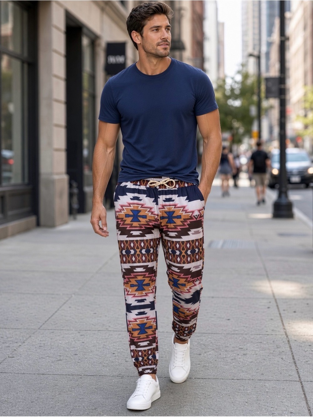 Men's Aztec Print Jogger Pants - Navy/Brown